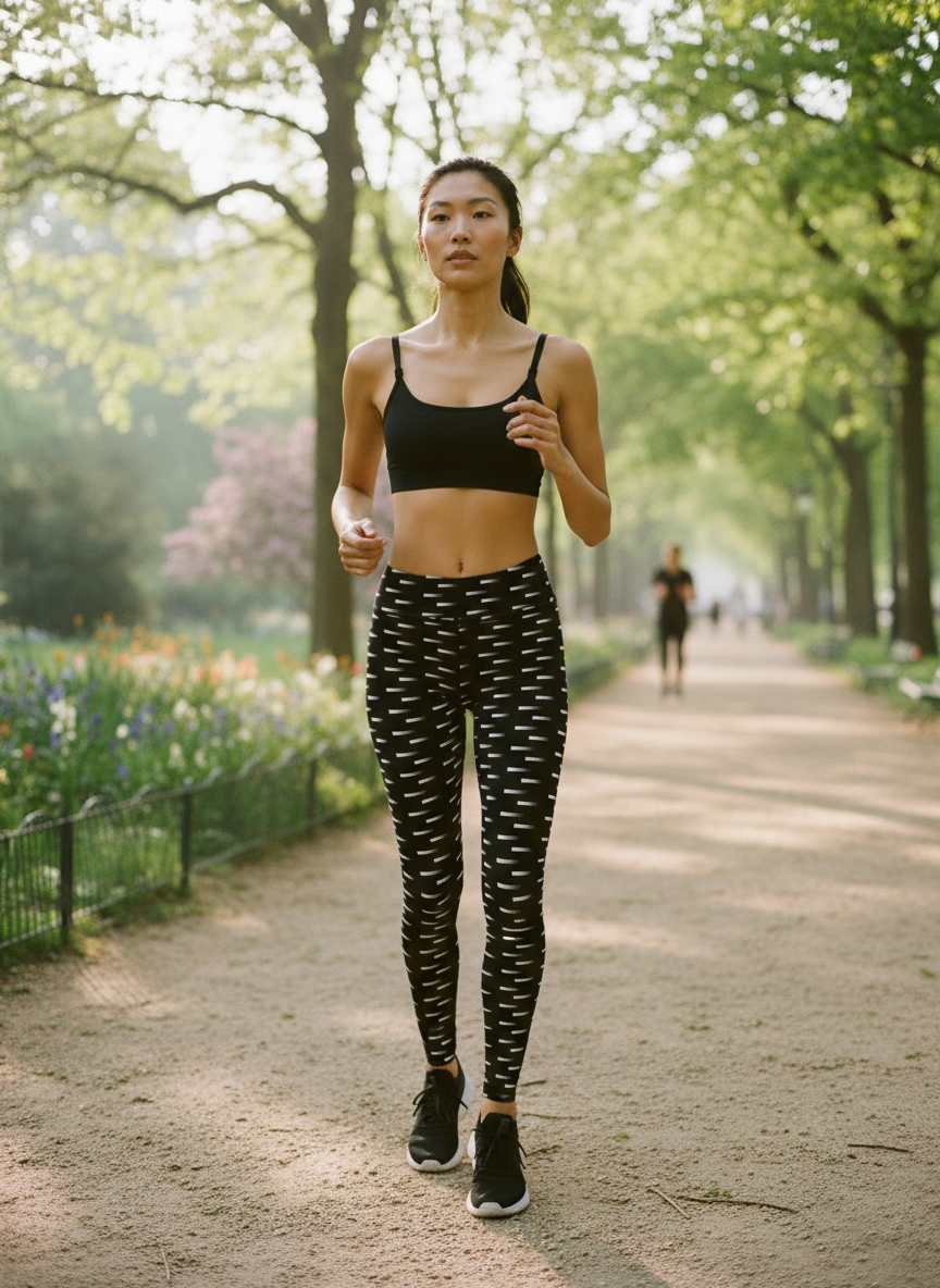 Woman jogging in a park with trees and flowers in the background