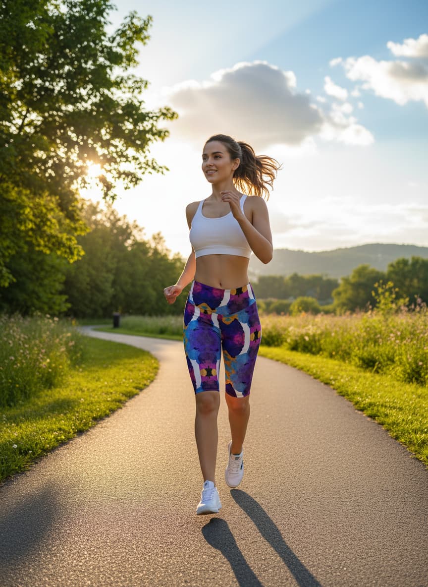 Woman running on a path in a park with trees and blue sky in the background