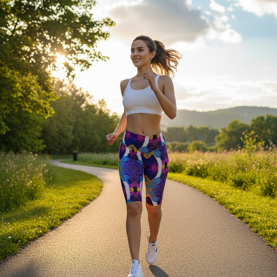 Woman running on a path in a park with trees and mountains in the background