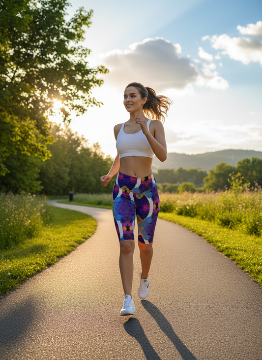 Woman running on a path in a park with trees and mountains in the background