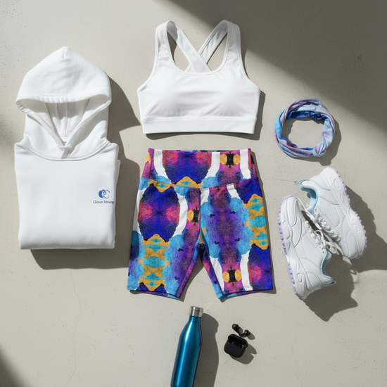 White hoodie, sports bra, tie-dye leggings, white sneakers, blue water bottle, and black earbuds on a light surface.