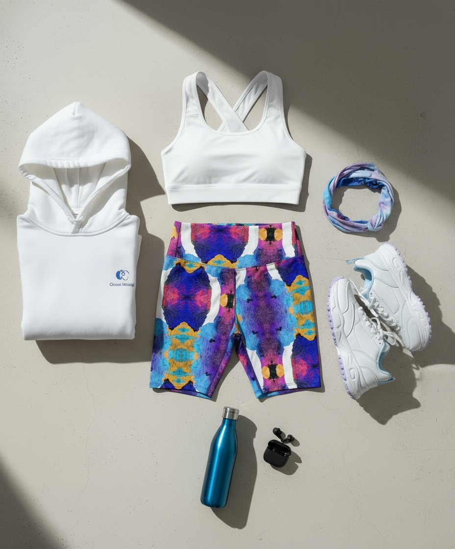 White hoodie, sports bra, tie-dye leggings, white sneakers, blue water bottle, and black earbuds on a light surface.