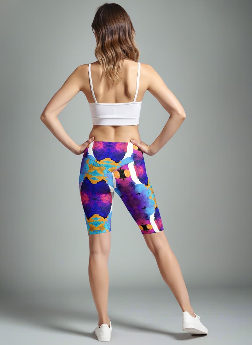 Woman wearing colorful athletic shorts with a gray background