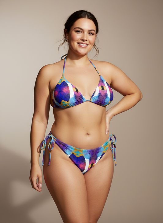 Colorful bikini set with abstract pattern on a beige background