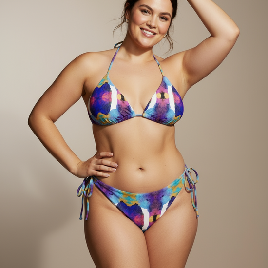 Ocean Mirage String Bikini - Watercolor Print Swimwear in Vibrant Blues, Purples, Yellows, and White by Pixie & Sherbet