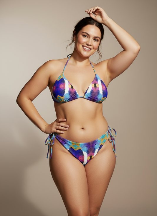Woman wearing a colorful Ocean Mirage bikini set against a beige background