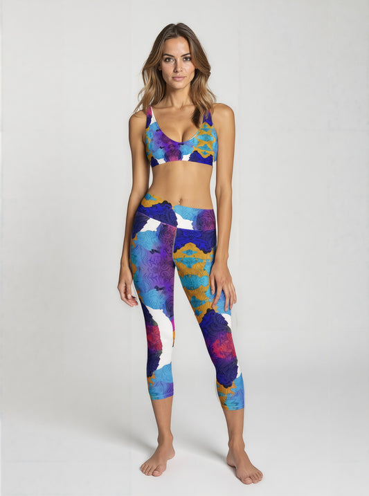 Front view of high-waisted Ocean Mirage Yoga Capri Leggings in ocean-inspired abstract blue, purple, and gold print, shown on a model’s capri-length fit.