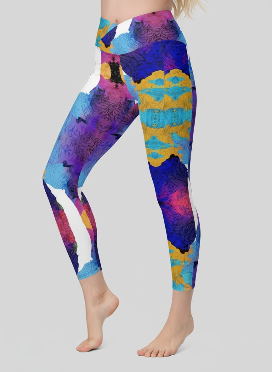 Colorful patterned leggings worn by a person on a gray background