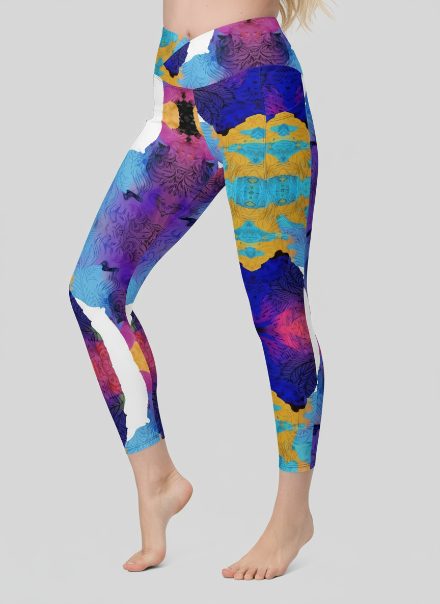 Colorful patterned leggings worn by a person on a gray background