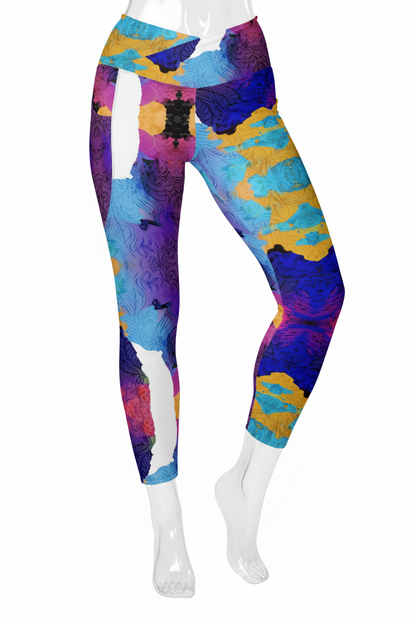 A manneqin wearing colourful abstract-print leggings and white sneakers, shown from the waist down against a plain white background.