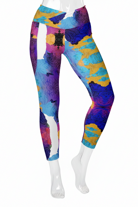 A manneqin wearing colourful abstract-print leggings and white sneakers, shown from the waist down against a plain white background.