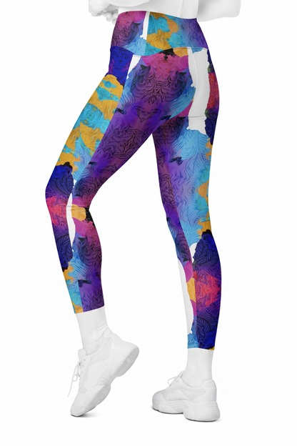 A mannequin wearing high-waisted leggings with a bold abstract watercolor-style print in purple, blue, pink, yellow, and white, paired with white sneakers against a plain white background.