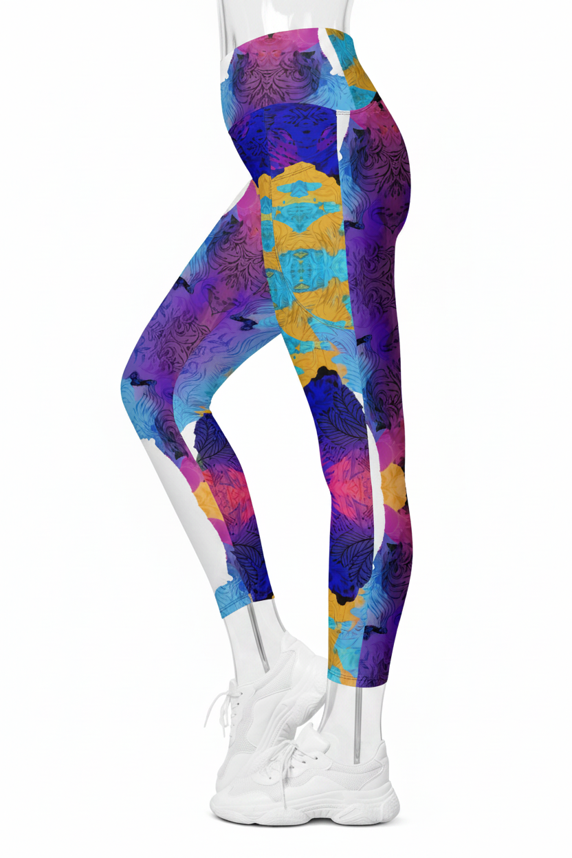 A mannequin modeling high-waisted leggings with a bold abstract watercolor-style print in purple, blue, pink, yellow, and teal, paired with white sneakers against a plain white background.