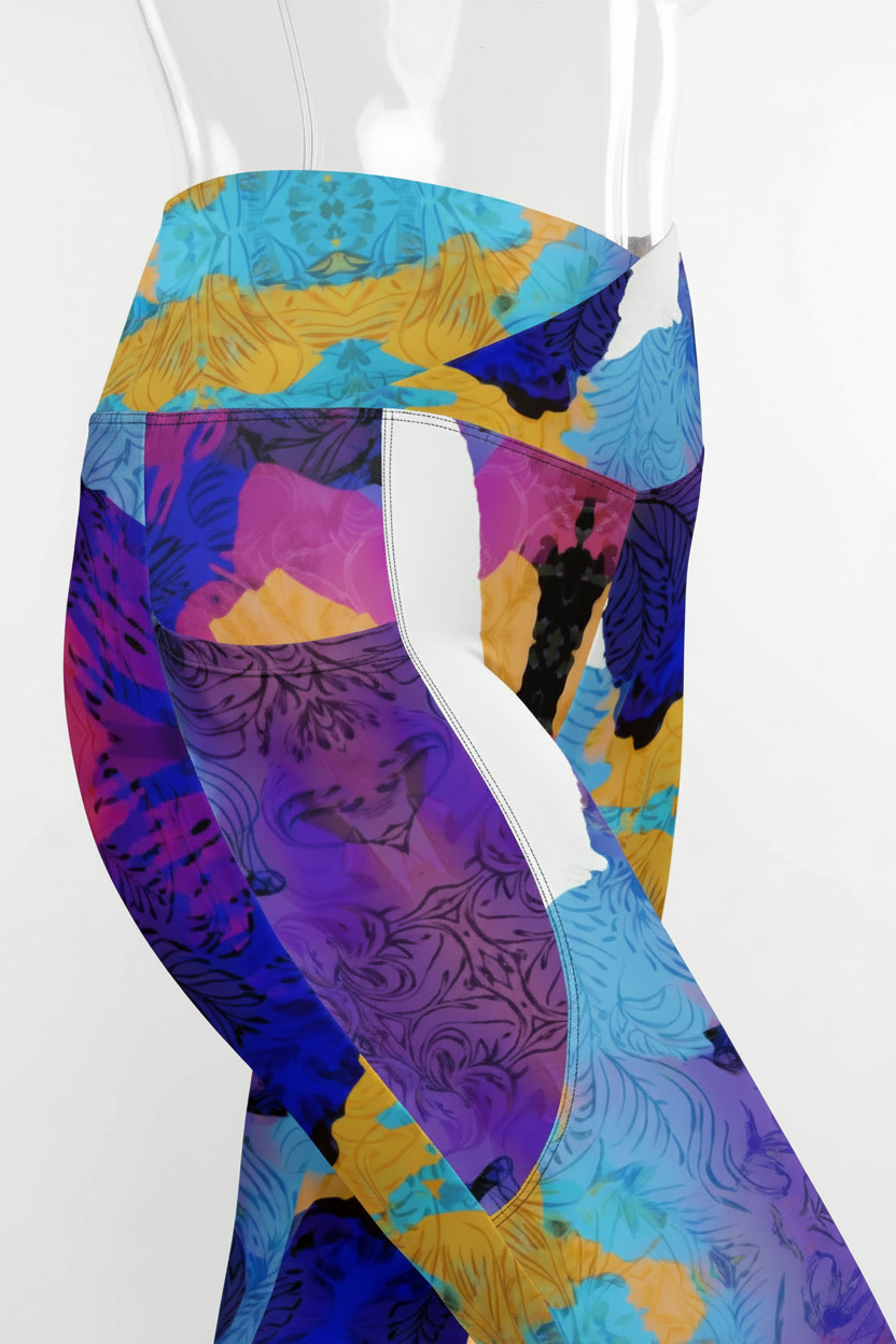 Close-up of a person wearing colorful patterned leggings with a side pocket, shown from the waist to mid-thigh against a plain white background.