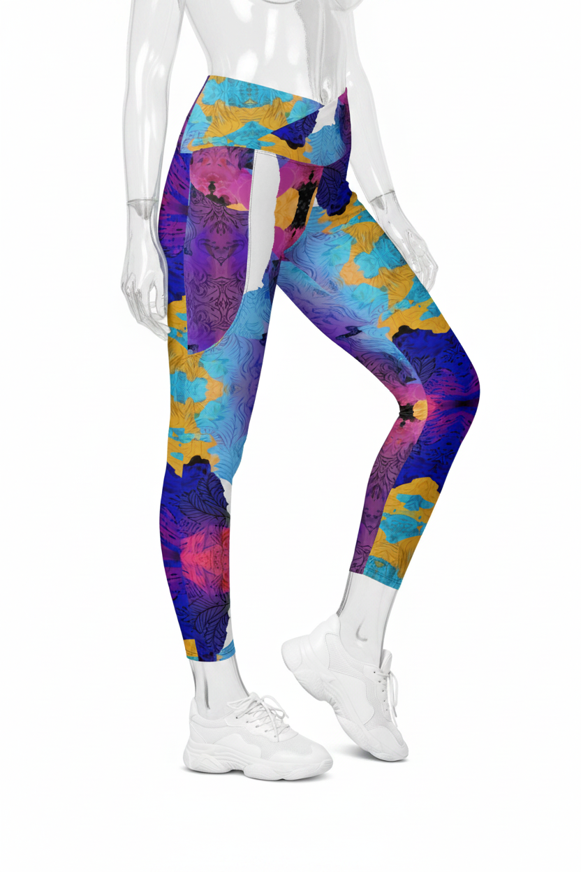 A mannequin wearing high-waisted leggings with a vibrant abstract floral print in purple, blue, yellow, and pink, paired with white sneakers against a plain white background.