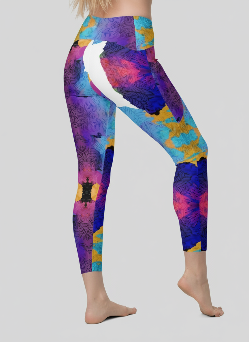 Colorful patterned leggings worn by a person on a gray background