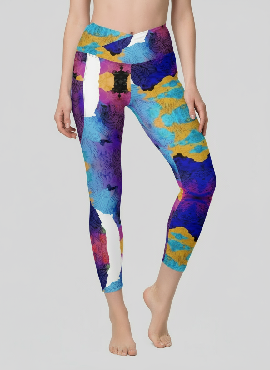 Colorful abstract-patterned leggings worn by a person on a plain background