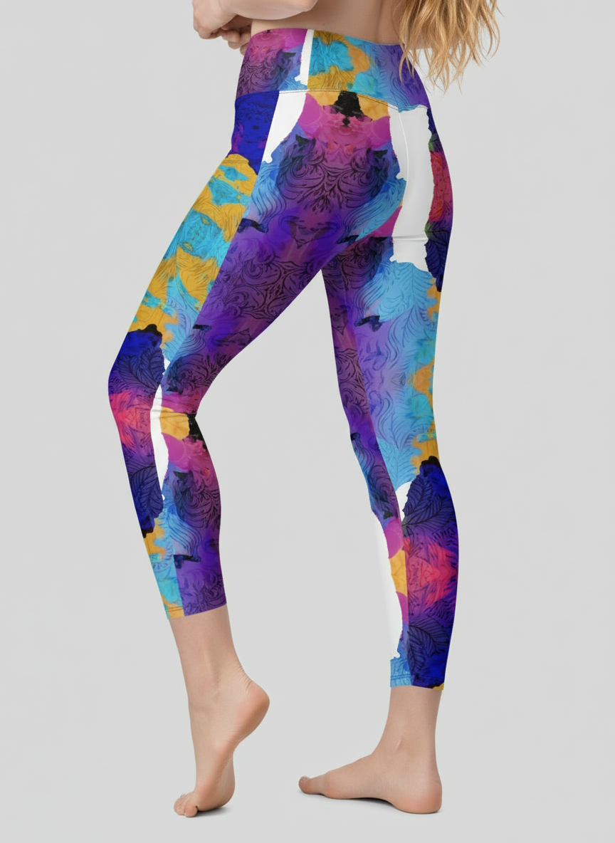 Colorful leggings with abstract design worn by a person on a plain background