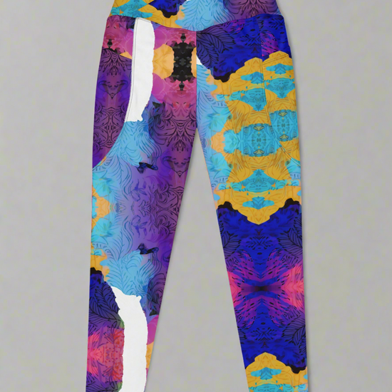 Ocean Mirage Crossover leggings laid flat, front view, featuring a high waistband and vibrant abstract print in purple, blue, yellow, pink, and black on a grey background.