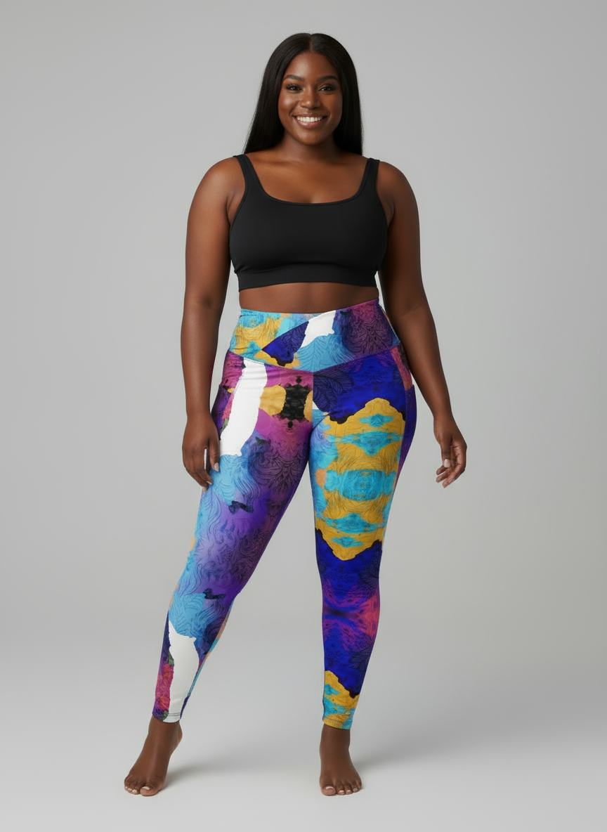 Person wearing colorful leggings and a black sports bra on a gray background