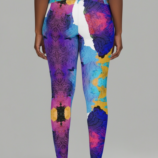 Colorful patterned leggings on a gray background