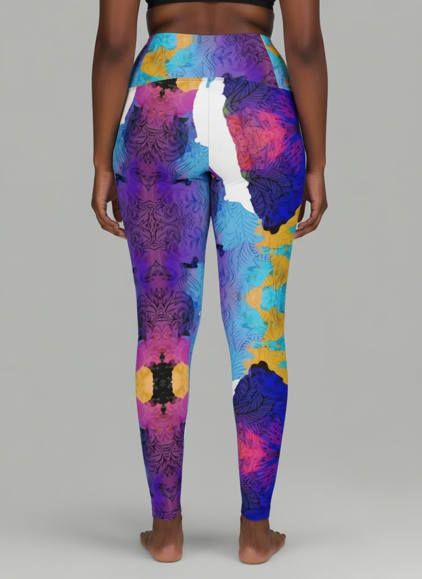 Colorful patterned leggings worn by a person on a plain background