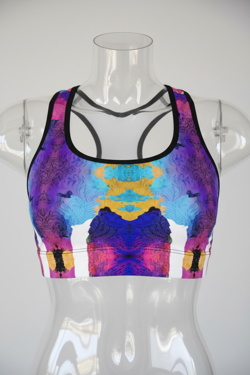 A women's sports bra with a vibrant, symmetrical abstract print in purple, blue, yellow, and pink, featuring black trim, shown on a plain white background. 
