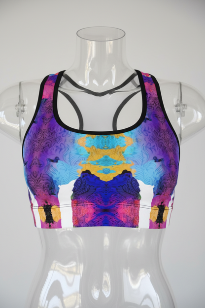 A women's sports bra with a vibrant, symmetrical abstract print in purple, blue, yellow, and pink, featuring black trim, shown on a plain white background. 