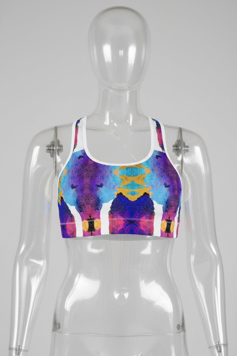 A women's sports bra with a white racerback style and a vibrant, symmetrical abstract print in purple, blue, yellow, and pink, shown against a solid gray background. 