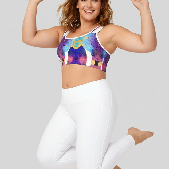 Front view of Ocean Mirage Essential Active Bra featuring bold blue, purple, yellow and pink abstract print