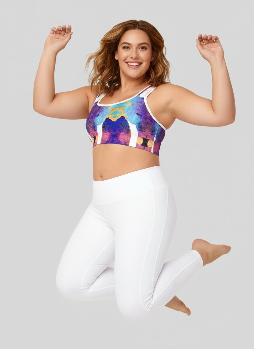 Front view of Ocean Mirage Essential Active Bra featuring bold blue, purple, yellow and pink abstract print