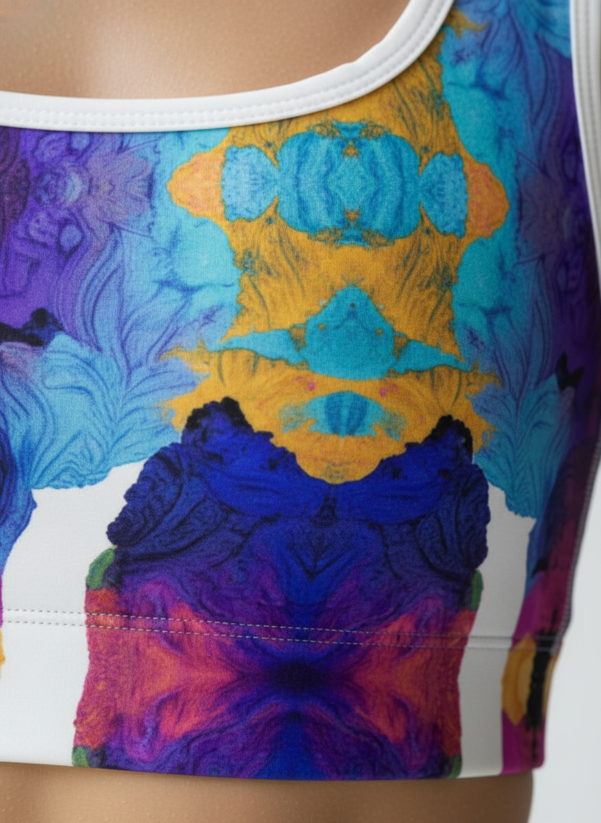 Close-up detail of Ocean Mirage print fabric showing vibrant colors and four-way stretch material