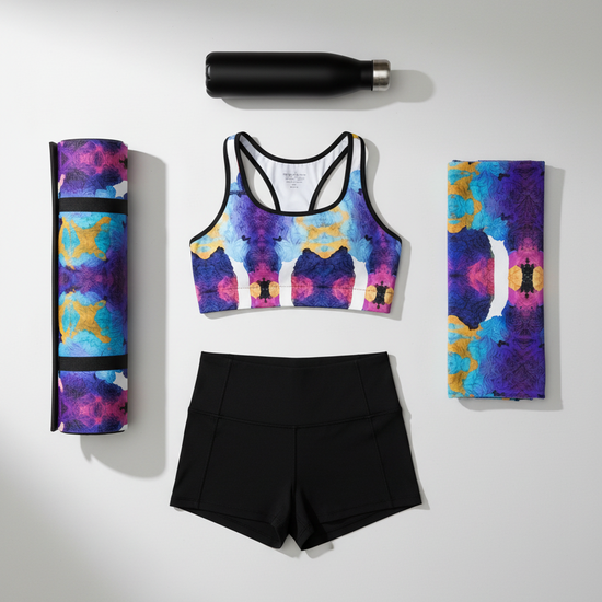 Multicolored sports bra and shorts set with a water bottle on a light gray background