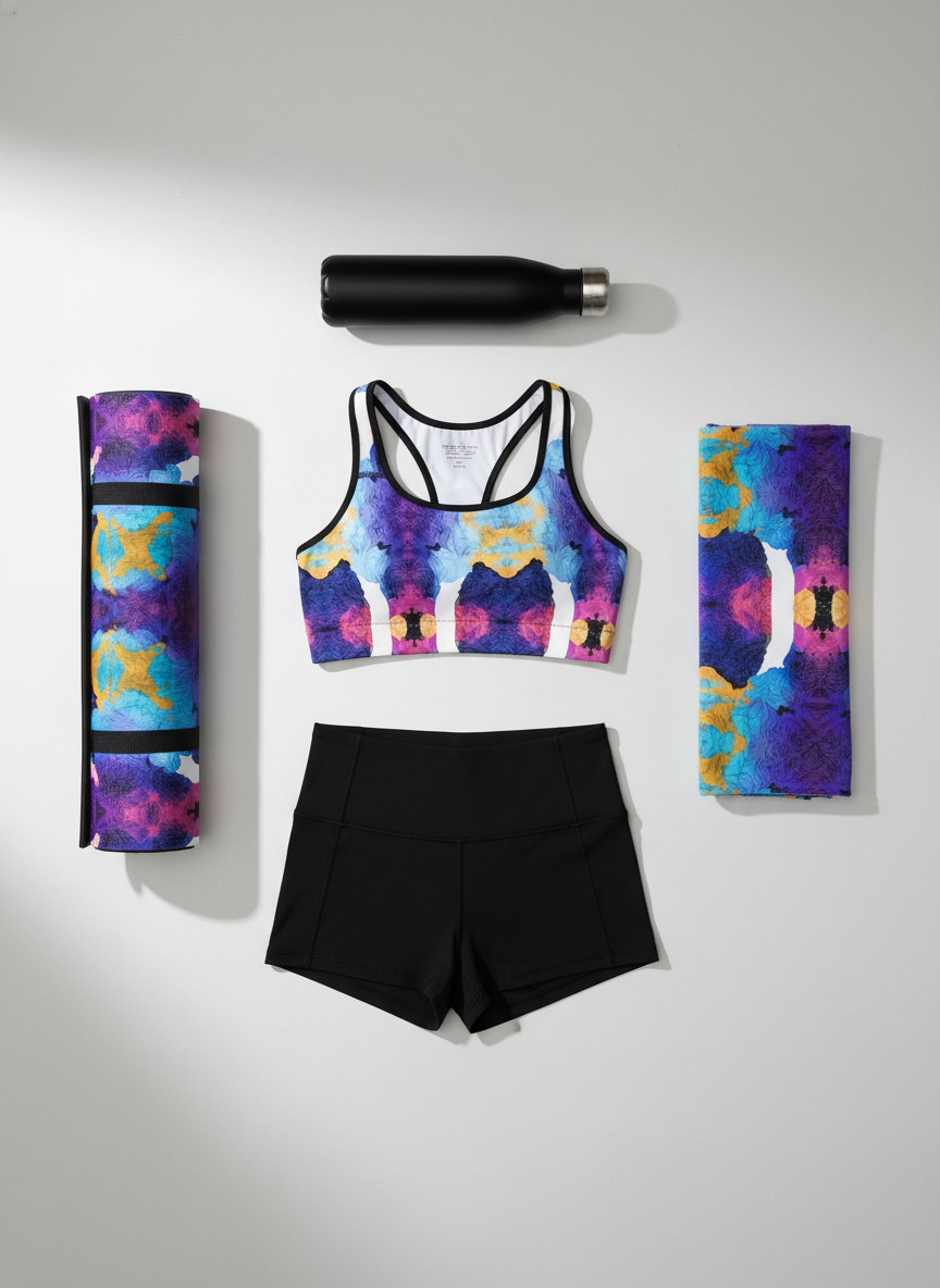 Multicolored sports bra and shorts set with a water bottle on a light gray background