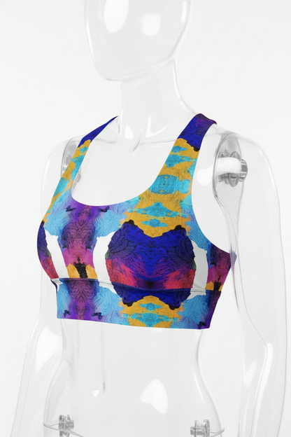 A mannequin wearing a sports bra with a vibrant abstract pattern in blue, purple, yellow, and white, shown against a plain white background. 