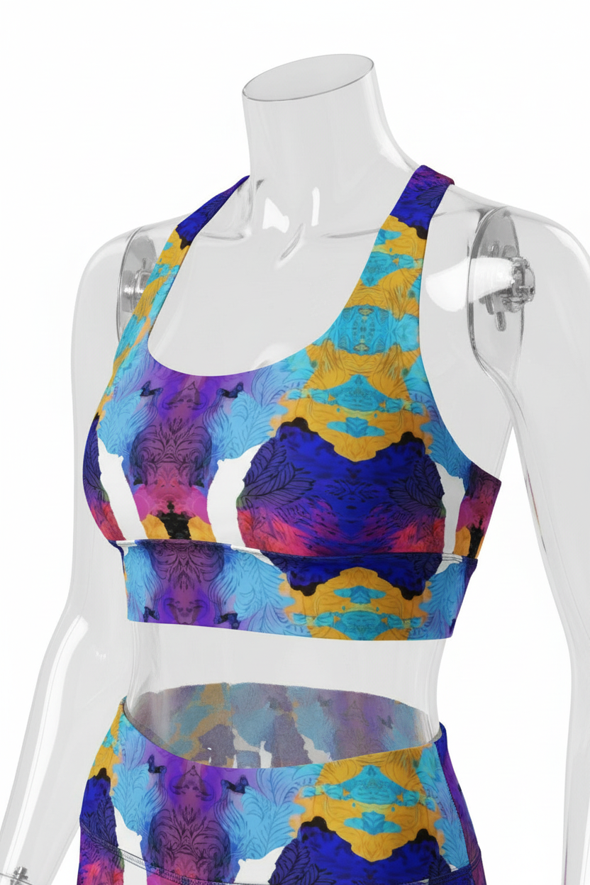 A mannequin wearing a colorful sports bra with a vibrant abstract pattern in blue, purple, yellow, and white, shown against a plain white background.
