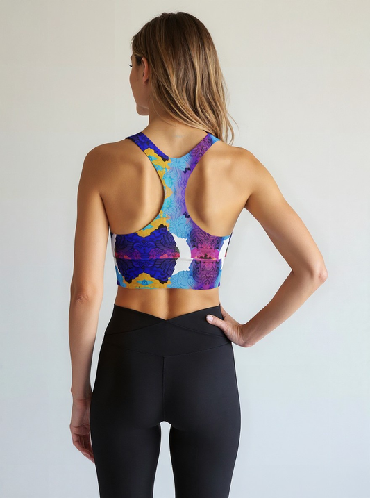 Back view of a woman wearing the Ocean Mirage Longline sports bra, featuring a vibrant and abstract blue, purple, yellow, and white print, paired with high-waisted black leggings, standing against a plain light background.