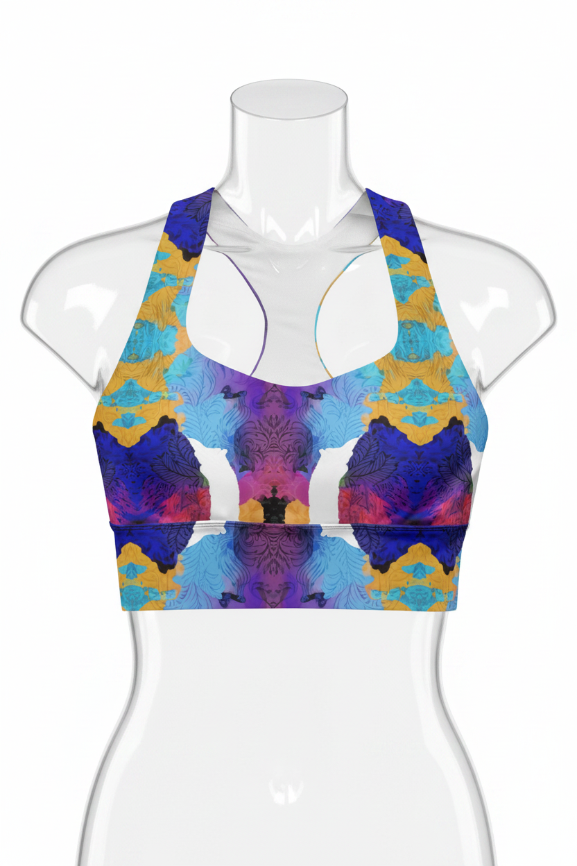 A women's sports bra with a vibrant, symmetrical abstract print in purple, blue, yellow, and pink, featuring a white racerback design. 