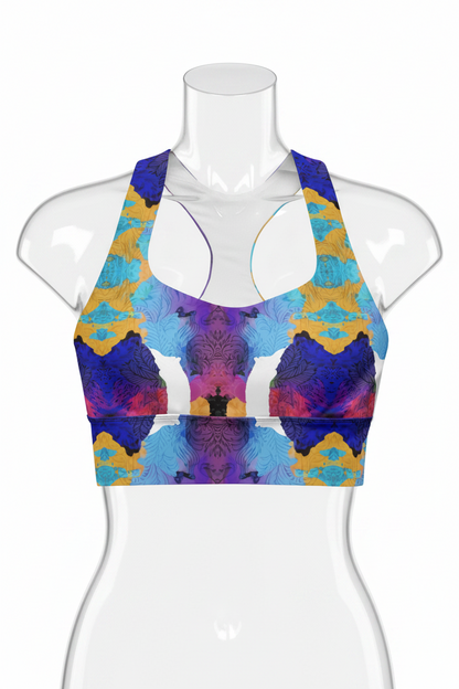 A women's sports bra with a vibrant, symmetrical abstract print in purple, blue, yellow, and pink, featuring a white racerback design. 