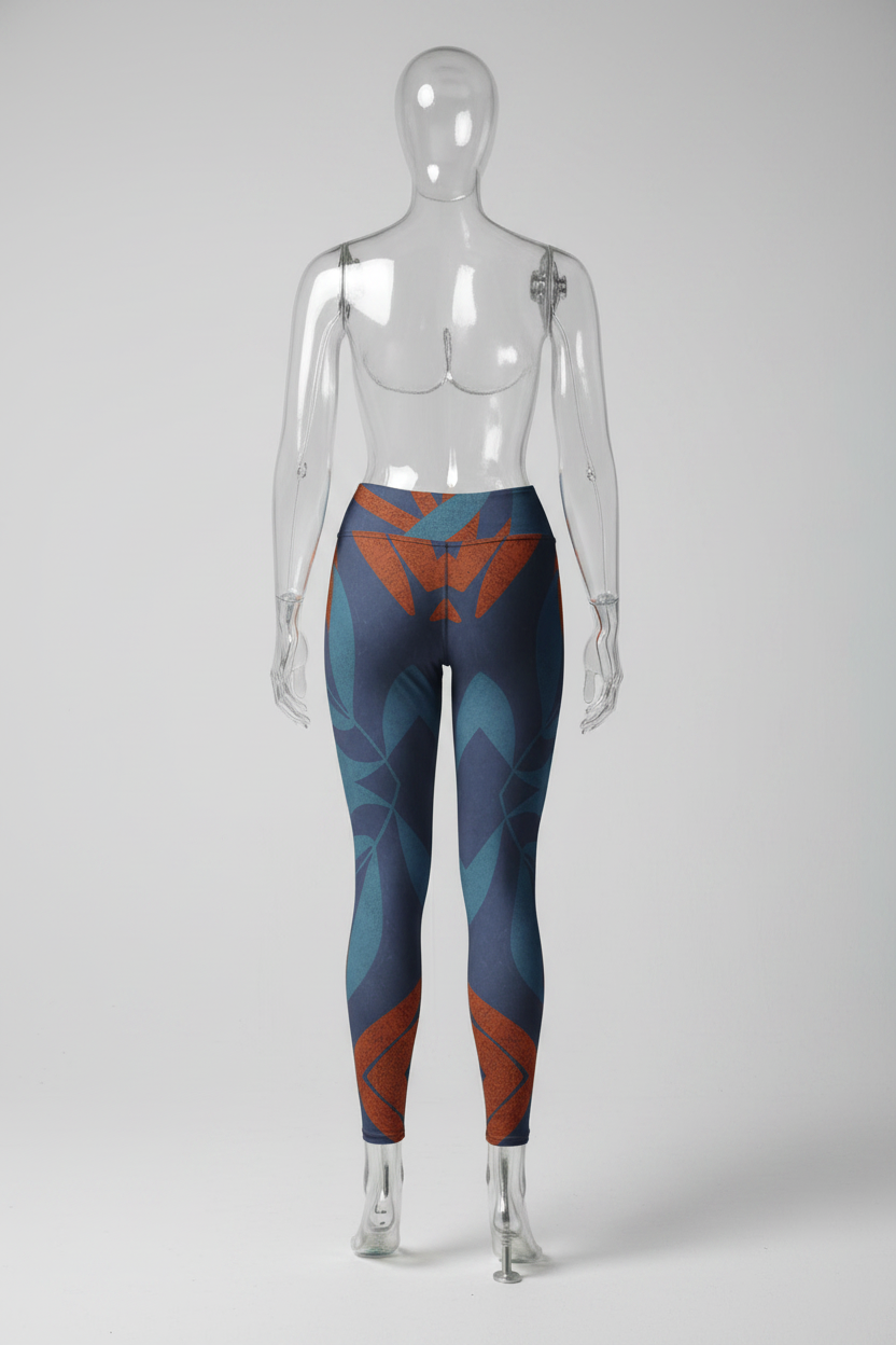 A mannequin shown from the back wearing high-waisted leggings with an abstract geometric pattern in navy blue, teal, and rust orange, standing barefoot against a white background.