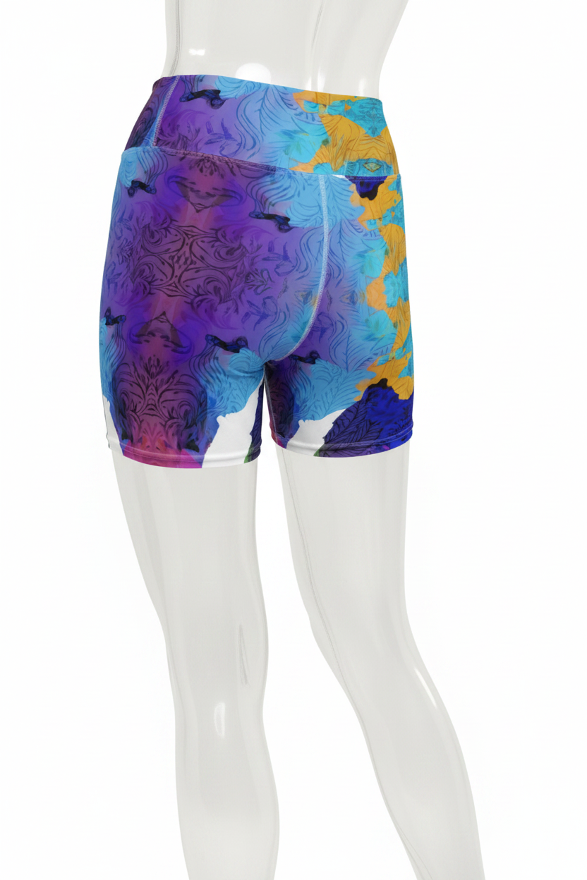A mannequin wearing high-waisted athletic shorts with a bold abstract print in purple, blue, turquoise, and yellow, shown from the back against a plain white background.