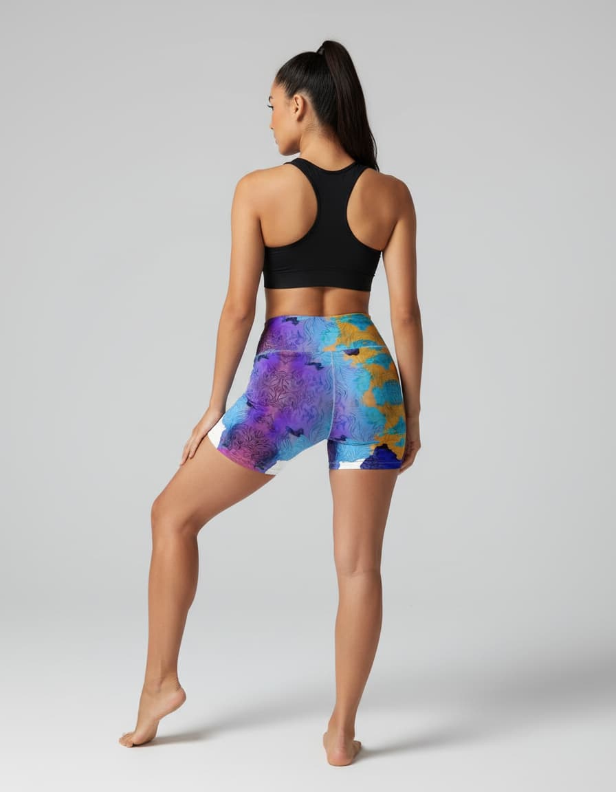 Woman wearing a black sports bra and colorful tie-dye shorts on a gray background
