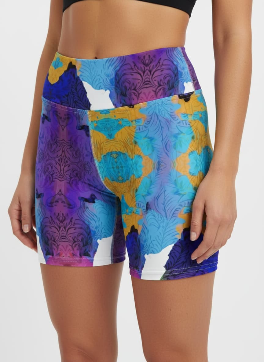 Colorful patterned shorts worn by a person on a plain background