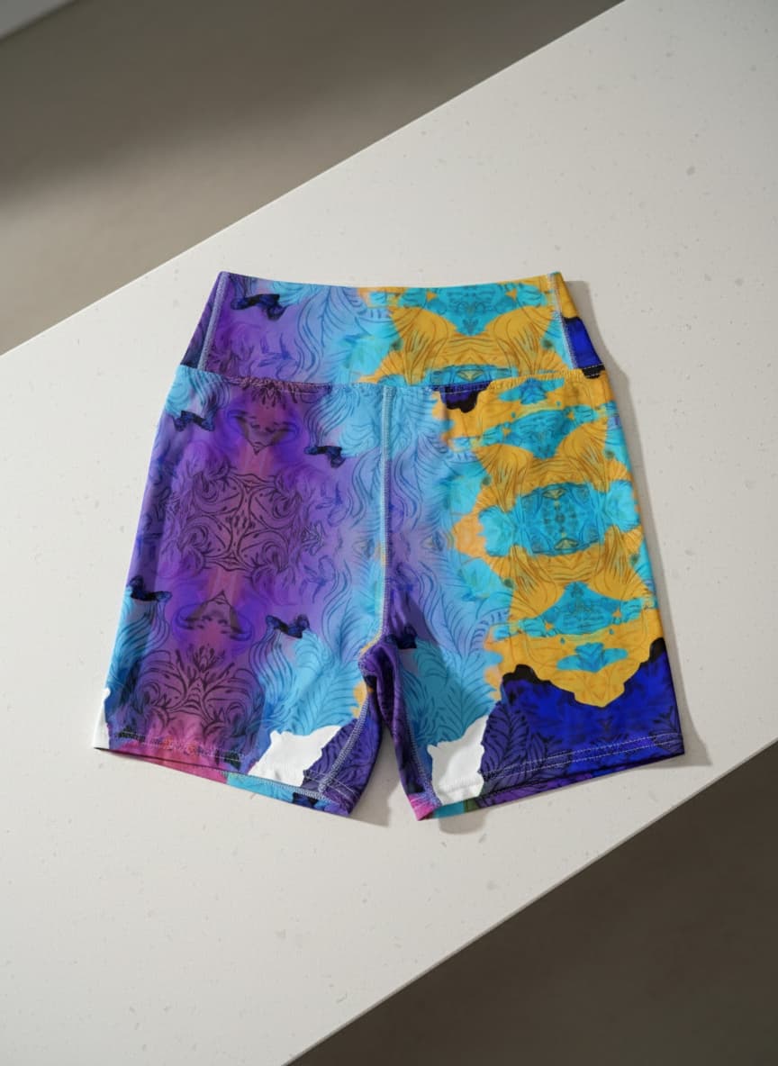 Colorful patterned shorts on a white surface