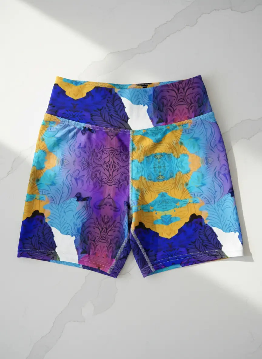 Colorful patterned shorts on a white background
