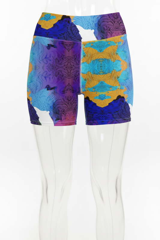 A mannequin wearing high-waisted athletic shorts with a bold abstract print in blue, purple, yellow, and white, shown from the waist to mid-thigh against a plain white background.