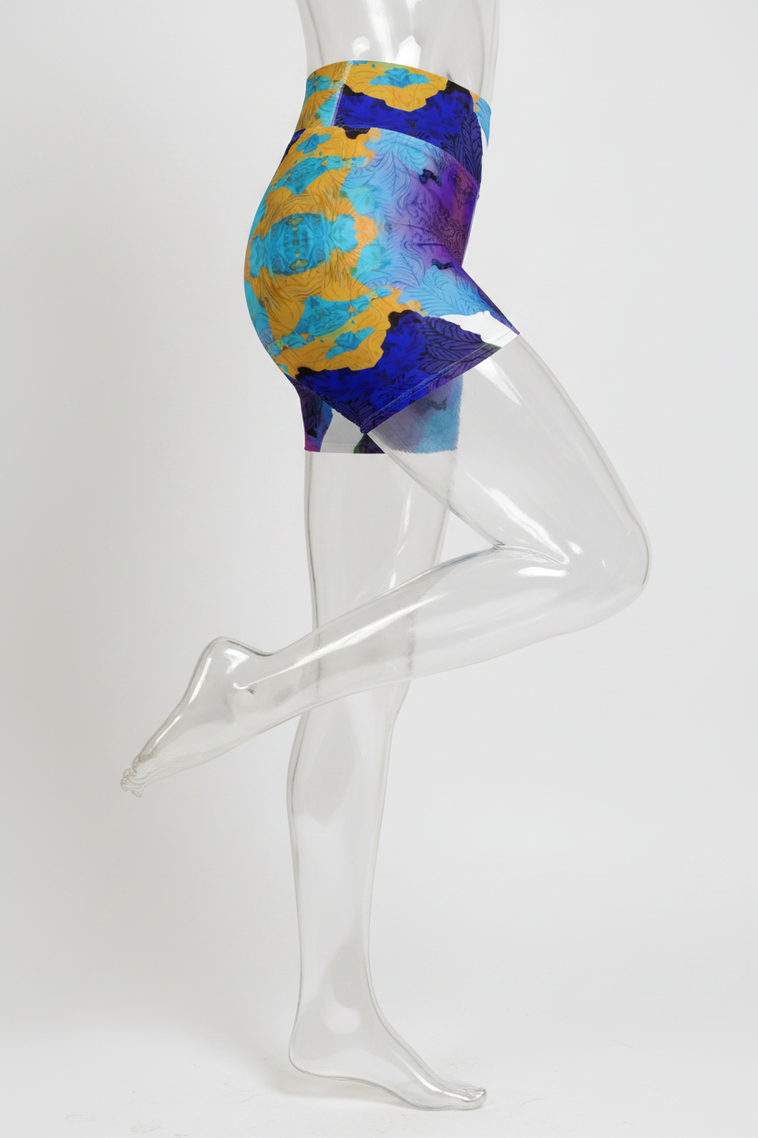 A close-up side view of a mannequin wearing high-waisted athletic shorts with an abstract watercolor pattern in blue, purple, yellow, and light blue, set against a plain white background.
