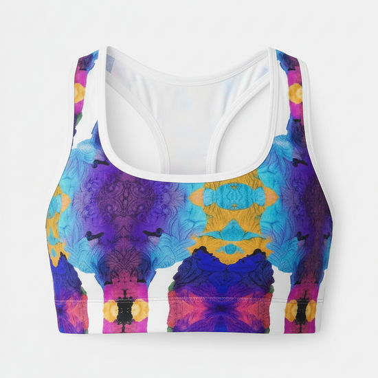 Colorful tie-dye sports bra on a white background
