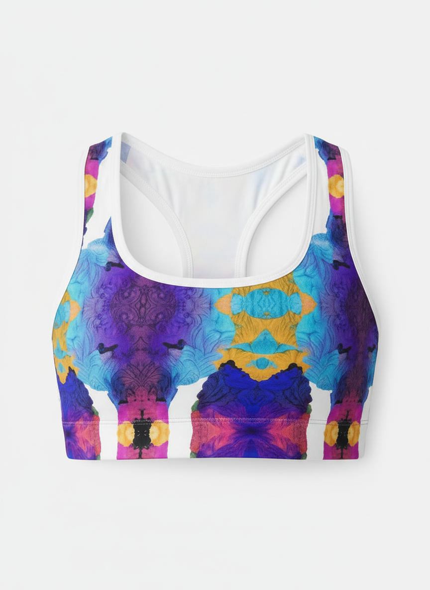 Colorful tie-dye sports bra on a white background
