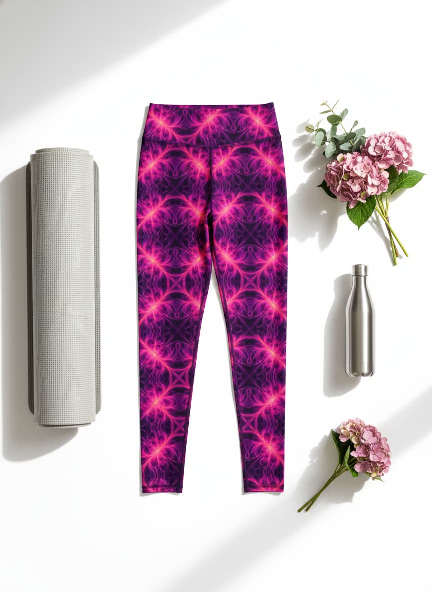 Pink and purple patterned leggings with a yoga mat and water bottle on a white background